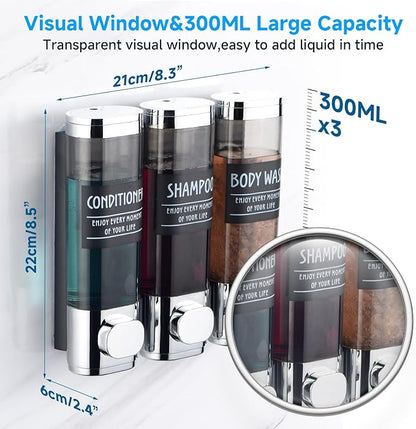 Shampoo and Conditioner Dispenser,GlintGath Shower Dispenser 3 Chamber No Drill Shampoo Dispenser for Shower Wall Mounted Shower Soap Dispenser for Bathroom Hotel,3 * 300ML,Chrome