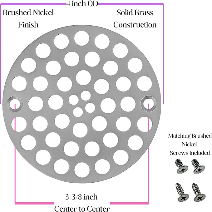 4inch Screw-in Drain Cover, Brushed Nickel Shower Drain Cover -Stainless Steel -Shower Drain Strainer -Brushed Nickel Shower Drain -Round Floor Drain Cover -Screws Included