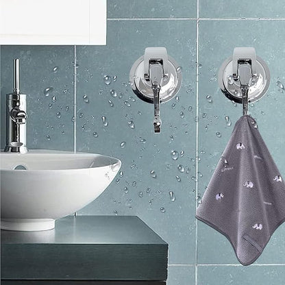 Suction Cup Hooks - Heavy Duty Glass, Reusable, No Hole Punched, for Bathroom Robe & Garland (Silver, 4 Pack)
