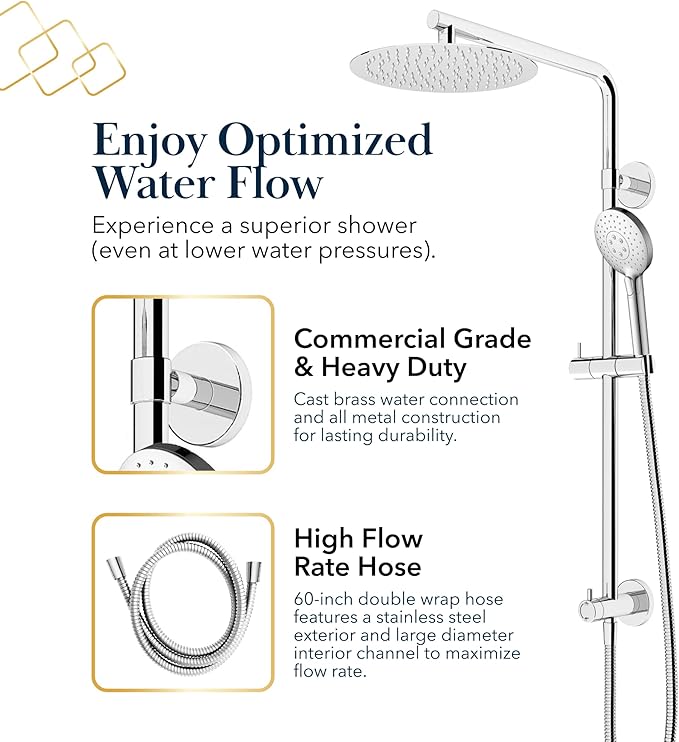 BATH ROYALE Rain Shower Head & Detachable Handheld Spray Combo, Easy Install & 3 Spray Modes, Brushed Gold
