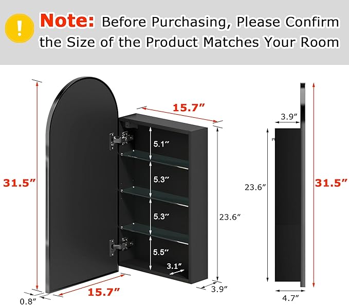 FKWin Arched Black Bathroom Medicine Cabinet with Mirror, Left or Right Opening, Bathroom Vanity Mirrors for Over Sink, Surface Mount Medicine Cabinet not Recessed, Black, 16x31 inch