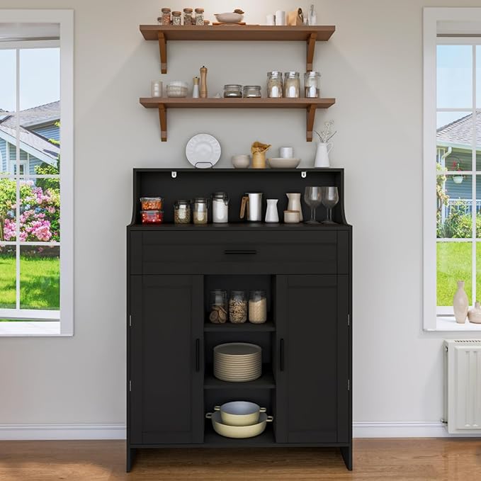 Storage Cabinet with Doors and Drawers, Kitchen Storage Cabinet with 1 Large Drawer,2 Doors,and 2 Adjustable Shelves,for Bathroom/Kitchen/Living Room/Entrance Hall (Black)