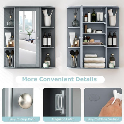 COSTWAY Wall Mounted Bathroom Cabinet - Storage Organizer with Mirror Door, Adjustable Shelves & 6 Open Racks, Space-Saving Hanging Medicine Cabinet for Living Room Kitchen Entryway (Gray)
