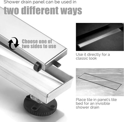 HEATGENE Linear Shower Drain 24-Inch, Stainless Steel Rectangle Shower Floor Drain with 2-in-1 Flat & Tile Insert Cover, Shower Drain with Leveling Feet & Hair Strainer, Brushed