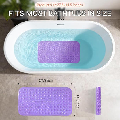 Anti-Slip Bathtub Shower mat, 27.5×14.5（Approximately 70×37cm） inch Soft Oversized Machine Washable Non-Slip Bathtub mat with Drainage Holes, Bathroom Floor Suction Cup.（1- Clear Purple）