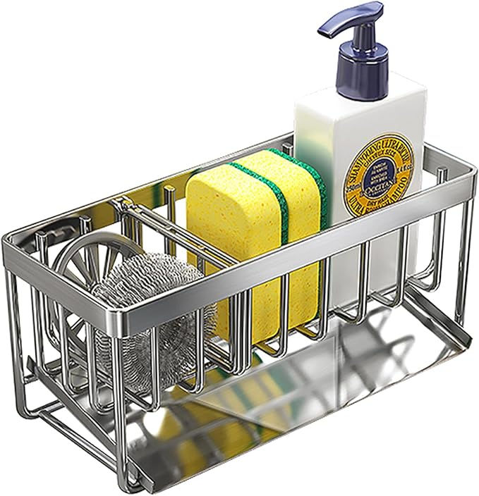 Sink Caddy Sponge Holder for Kitchen, 18/8 Stainless Steel Self Drain Tray, Soap holder with Divider(Silver)