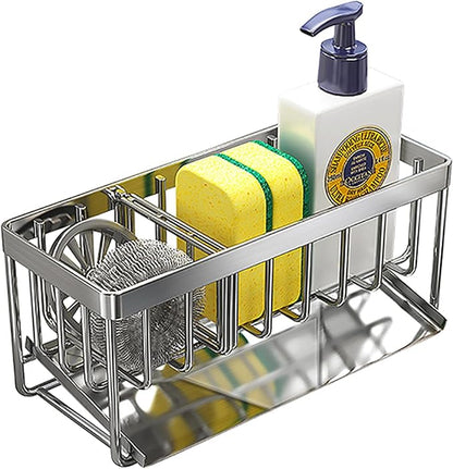 Sink Caddy Sponge Holder for Kitchen, 18/8 Stainless Steel Self Drain Tray, Soap holder with Divider(Silver)