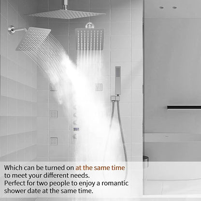 Brushed Nickel Shower System with 12+8+8" Three Top Shower Heads, Full Body Shower System with Temperature Display,Handheld Sprayer and Body Jets Shower Set