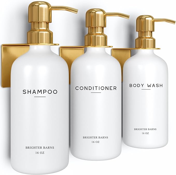 Luxury Shampoo and Conditioner Dispenser Set Wall Mounted by Brighter Barns - Refillable Shampoo and Conditioner Bottles - Shower Dispenser 3 Chamber No Drill - White and Gold Bathroom Decor (Gold)
