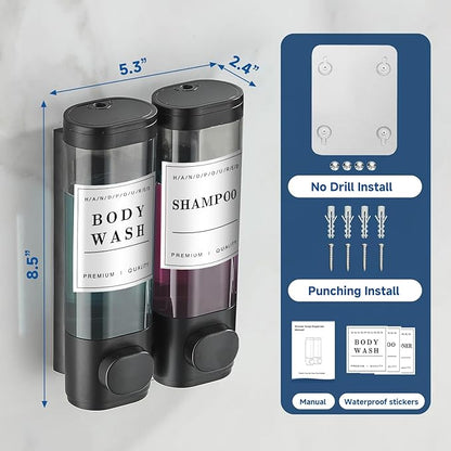 Shower Soap Dispenser Wall Mounted No Drill Shampoo Dispenser for Shower Wall Shampoo and Conditioner Dispenser Bathroom Hotel 2 * 300ml Black with Waterproof Labels
