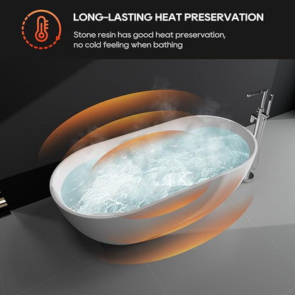 SJ STAR&JANE 59" Solid Surface Freestanding Bathtub, Matte White Oval Soaking Stone Resin Tub with Overflow and Pop-up Drain for Modern Bathrooms