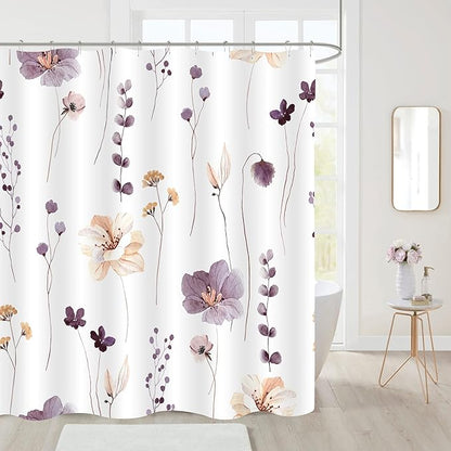 Gibelle Long Shower Curtain 72 x 78, Watercolor Floral Fabric Shower Curtain, Plum Beige Flower Decorative Bathroom Shower Curtain Set
