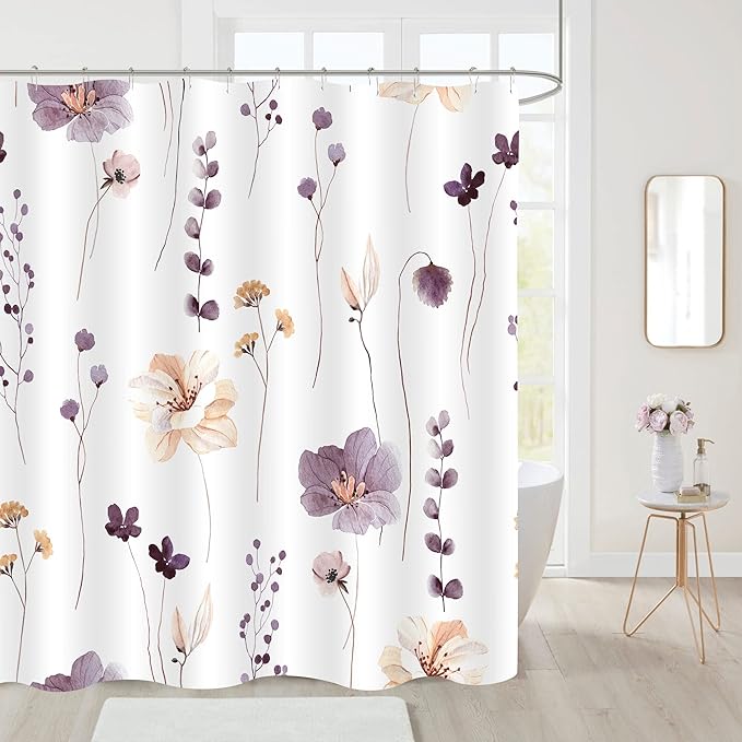 Gibelle Watercolor Floral Shower Curtain, Plum Beige Flower Shower Curtain for Bathroom, Modern Minimalist White Waterproof Fabric Shower Curtain Set 72x72 Inch