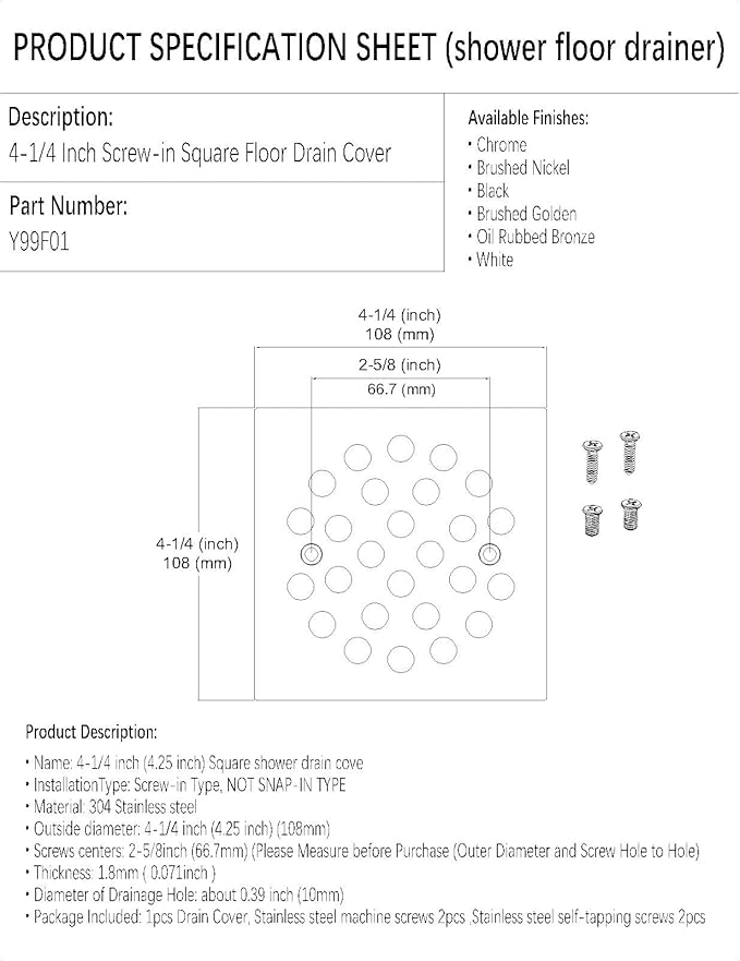 4-1/4 Inch Screw-in Square Floor Drain Cover Replacement Shower Grates with Screws (Brushed Nickel)