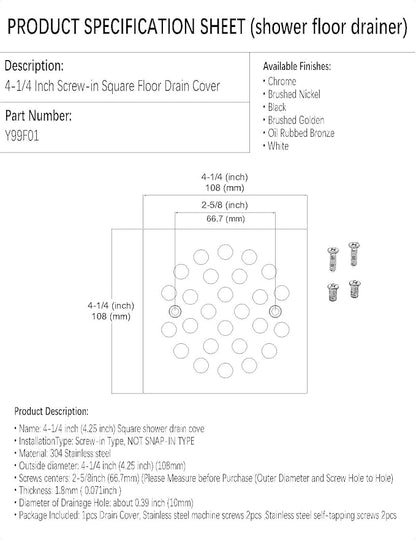 4-1/4 Inch Screw-in Square Floor Drain Cover Replacement Shower Grates with Screws (Brushed Nickel)