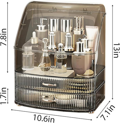 Makeup Organizer Countertop Vanity with Transparent Lid Drawers Waterproof Dustproof Cosmetic Skincare Bathroom Storage Gift for Women Teens Girls (Clear Black)