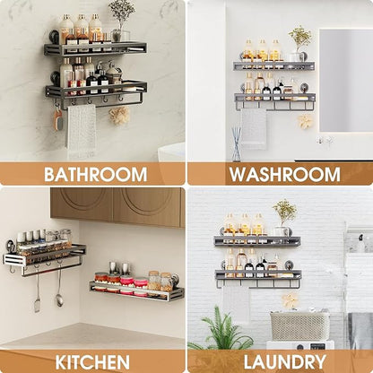 Shower Caddy Suction Cup, 11.8 inch 2 Pack Suction Shower Shelf with Hooks NO-Drilling Bathroom Holder, Rustproof Bathroom Organizer, Dark Grey