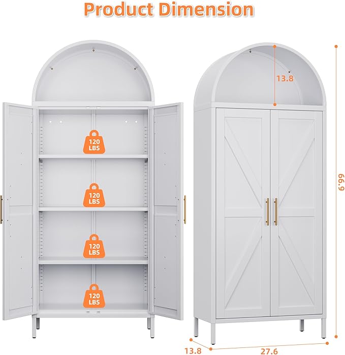 Kitchen Pantry Cabinet, 67in Tall Arched Storage Cabinet with Doors and Shelves, White Freestanding Cupboard for Laundry, Dining Room, Living Room, Bathroom