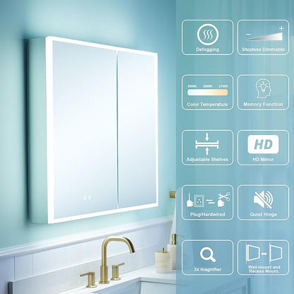 WELLFOR 36" X 30" Medicine Cabinet with Lights, 3X Magnification, Anti-Fog Mirrored Cabinet, Double Doors with Mirror, Bathroom Vanity Medicine Cabinet with Outlets & USB Ports