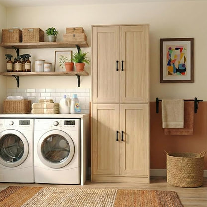 71" Tall Kitchen Pantry Cabinet, Freestanding Food Storage Organizer with Doors & Adjustable Shelves, Large Utility Hutch Cupboard for Dining Room, Living Room, Bathroom & Home Office, Oak
