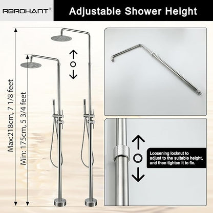 RBROHANT Freestanding Outdoor Shower Nickel, Height Adjustable Outside Showers for Backyard Garden Pool Beach, Outdoor Shower Fixtures with 10” Rain Shower Head and Handheld, Brushed Nickel, JK0317