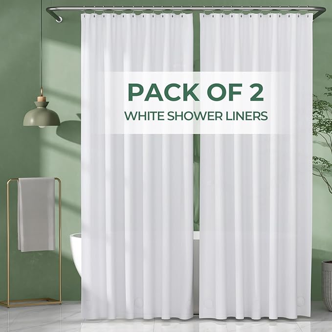 AmazerBath Shower Curtain Liner 2 Pack, 72 x 96 Inches Extra Long PEVA Plastic Shower Liner with Heavy Duty Stones and 12 Rustproof Metal Grommet, Lightweight Waterproof Shower Curtain - White