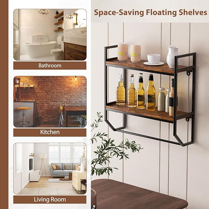 POWERSTONE 2-Tier Bathroom Towel Rack Industrial Wall Mounted Shelf with Towel Bar, Over The Toilet Storage Shelf with Metal Frame for Bathroom Kitchen Laundry Room Rustic Brown