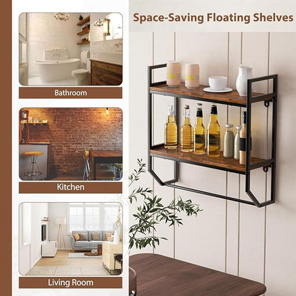 POWERSTONE 2-Tier Bathroom Towel Rack Industrial Wall Mounted Shelf with Towel Bar, Over The Toilet Storage Shelf with Metal Frame for Bathroom Kitchen Laundry Room Rustic Brown