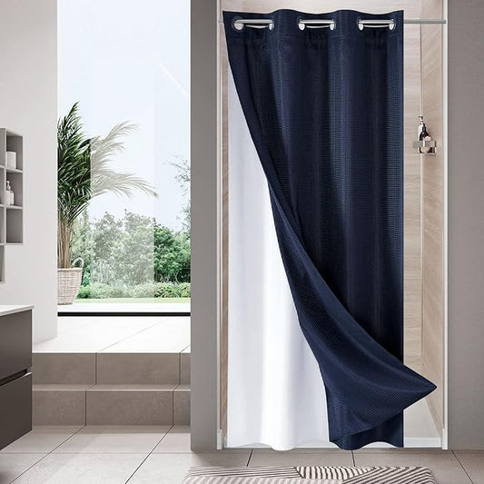 MitoVilla No Hooks Needed Small Stall Shower Curtain Liner Set 36 x 74, Navy Blue Waffle Half Size Narrow Waffle Weave Fabric Shower Curtain Set with Snap-in Liner for Modern Spa-Like Bathroom Decor