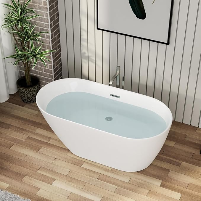 Mocoloo 59" Acrylic Freestanding Bathtub Contemporary Soaking White Bath Tub with Gold Overflow and Drain