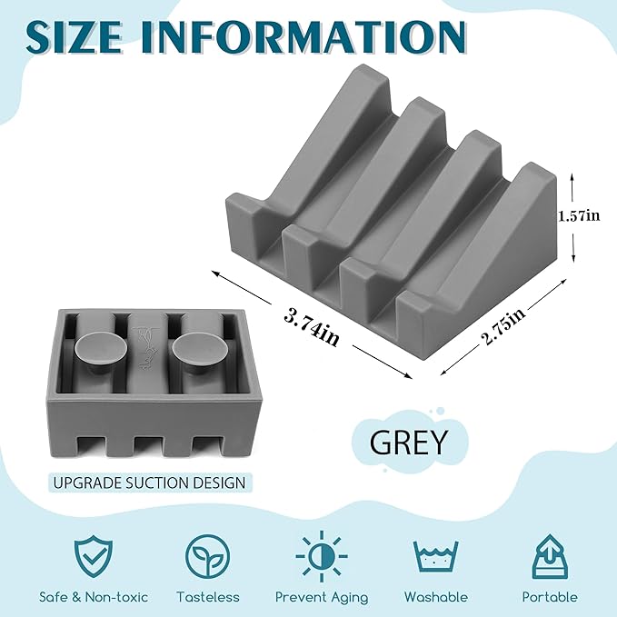Silicone Soap Dish with Drain, Upgrade Double Suction Cups at The Bottom for Anti-Slip and Stability, Soap Dish Shower Waterfall Bar Soap Holder Tray with Drain Soap Holder (1, Grey)