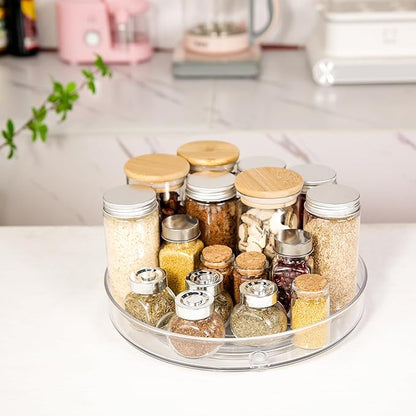 4 Pack Lazy Susan 9.2" Inch Turntable Organizer Pantry Organization and Storage Container Bins Spice Rack Cabinet Rotating Condiment for Pantry Kitchen Vanity Bathroom Jewelry Holder Clear