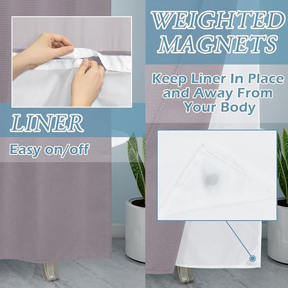 Lavender Stall No Hook Shower Curtain with Snap in Liner,230GSM Waffle Weave Shower Curtains for Bathroom,54W x 80H
