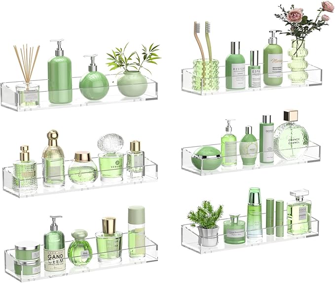 6PCS Acrylic Floating Shelves for Wall, 15" Clear Acrylic Shelves, Bathroom Shelf with Two Types of Installation, Space Saving Hanging Wall Shelf for Bathroom, Living Room, Bedroom, Kitchen