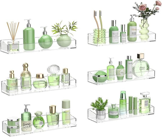 6PCS Acrylic Floating Shelves for Wall, 15" Clear Acrylic Shelves, Bathroom Shelf with Two Types of Installation, Space Saving Hanging Wall Shelf for Bathroom, Living Room, Bedroom, Kitchen