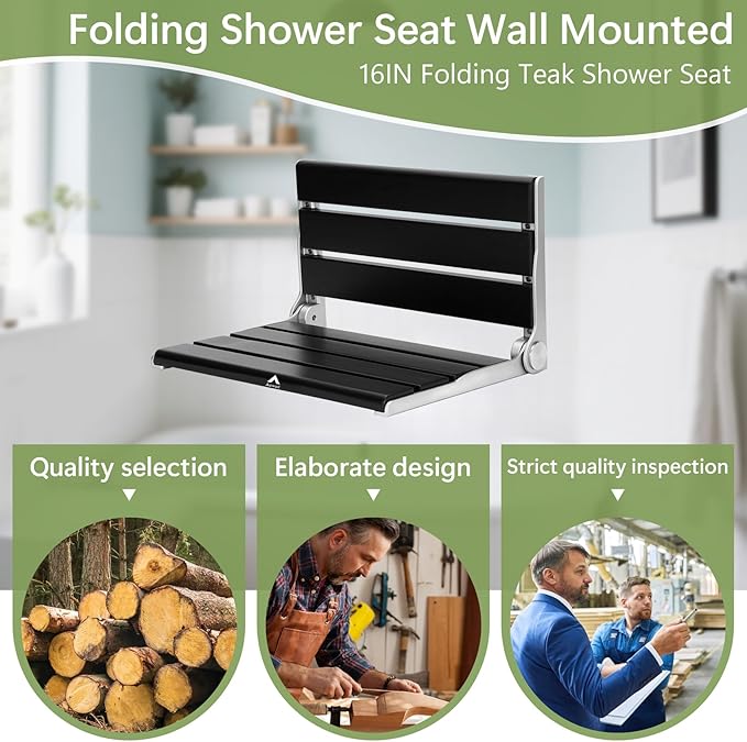 Wall Mounted Shower Seat - 16IN Teak Fold Down Shower Seat for Elderly, Disabled & Pregnant Women - Sturdy Shower Benches for Inside Shower with 400LB Capacity- 2025 Premium Black Shower Bench