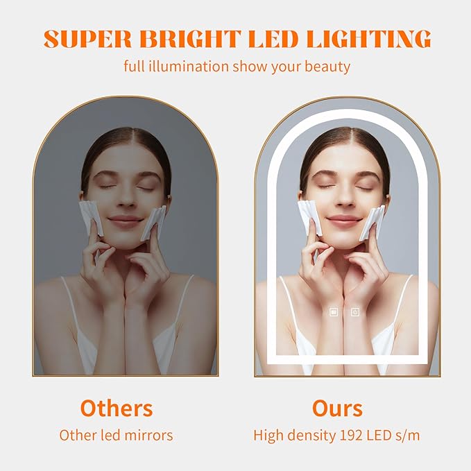 LED Bathroom Mirrors with Lights,24"x36"Black Arched Mirror for Bathroom,Fogless,3 Colors Dimmable,Anti-Fog,Wall Mounted Lighted Vanity Mirror,Gold