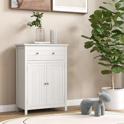 Giantex Bathroom Storage Cabinet with Drawer - Floor Cabinet with Doors, Adjustable Shelf, Storage Organizer for Entryway, Laundry Room, Kitchen, Living Room, Bedroom, Freestanding Cupboard (White)