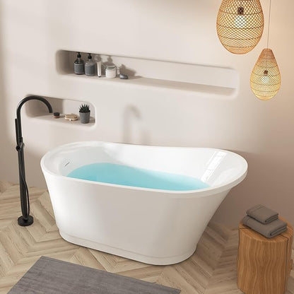 FerdY Langkawi 59" Acrylic Freestanding Bathtub, White Modern Stand Alone Soaking Bathtub, cUPC Certified, Brushed Nickel Drain and Minimalist Linear Design Overflow Included