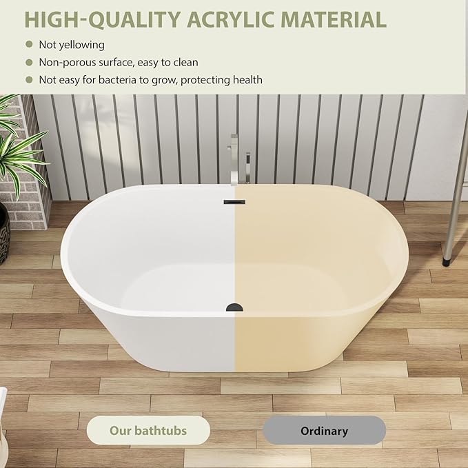 Mocoloo 59 Inch Freestanding Bathtub - Acrylic Soaking White Tub for Bathroom Stand Alone Ergonomic Modern Bathtub with Overflow and Black Offset Drain