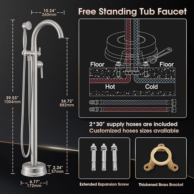 Brushed Nickel Freestanding Bathtub Faucet,Brass Floor Mount Tub Faucet High Flow Max 6.6GPM/60PSI with Hand Shower