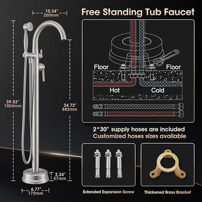 Brushed Nickel Freestanding Bathtub Faucet,Brass Floor Mount Tub Faucet High Flow Max 6.6GPM/60PSI with Hand Shower