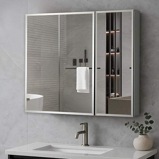 Blossom 25x26 Inch Aluminum Medicine Cabinet with Mirror – Recessed or Surface Wall Mounted Bathroom Storage with Adjustable Glass Shelves, Soft Close Hinges, Rust-Resistant and Modern Mirrored Design