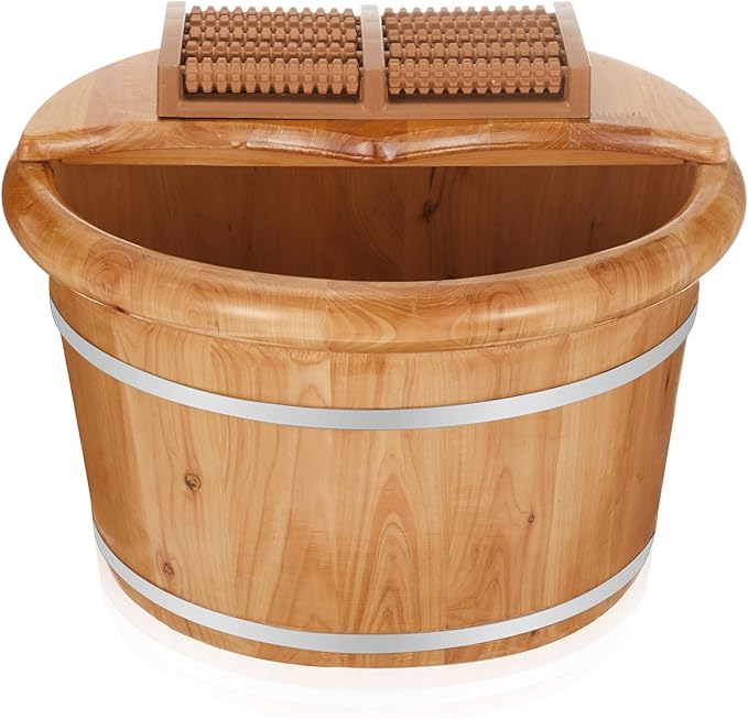 Geelin 10.24 Inch Tall Wooden Foot Bath Bucket with Massage Roller and Lid, Thick Insulated Wooden Foot Basin for Relaxation, Massage Soles, Suitable for Families, Athletes and Elderly