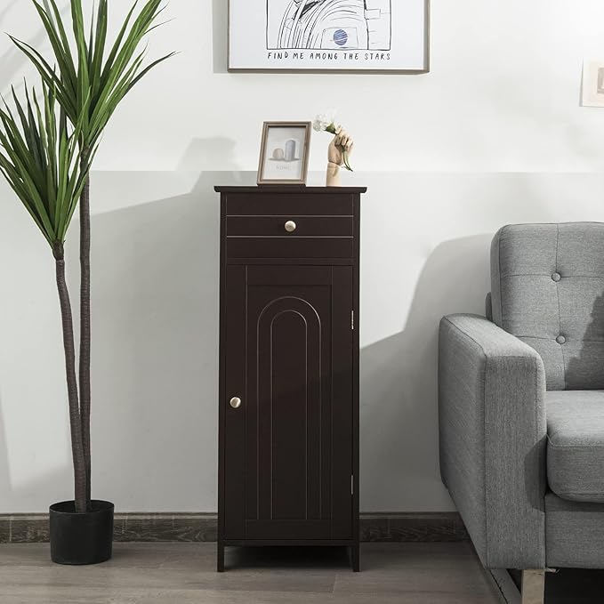 DORTALA Bathroom Floor Cabinet, Free-Standing Wooden Floor Storage Cabinet w/Large Drawer & 2 Adjustable Shelves, Morden Side Storage Bathroom Organizer Cabinet for Living Room, Brown