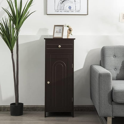 DORTALA Bathroom Floor Cabinet, Free-Standing Wooden Floor Storage Cabinet w/Large Drawer & 2 Adjustable Shelves, Morden Side Storage Bathroom Organizer Cabinet for Living Room, Brown