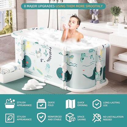 Portable Bathtub, 47“ Foldable Bathtub-Installation Free, 7 Layers Thicken with Metal Support, Therapy Tub for Shower Stall Fold Up Soaking Bath Tub, Hot SPA, Ice (Wonder Ocean EA6)