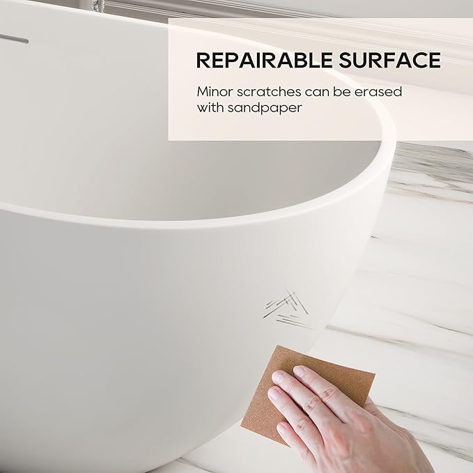 SJ STAR&JANE 59" Solid Surface Freestanding Bathtub, Matte White Oval Soaking Stone Resin Tub with Overflow and Pop-up Drain for Modern Bathrooms