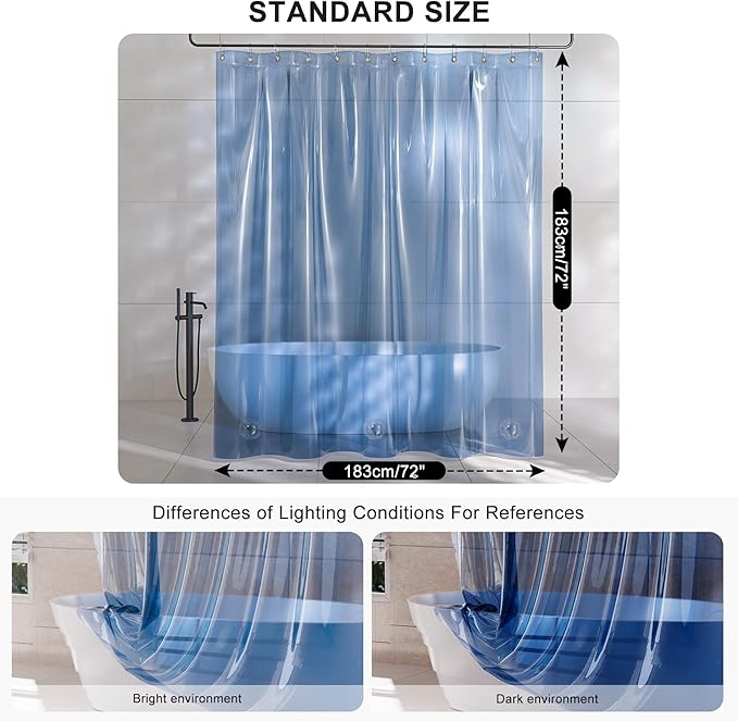 AmazerBath Shower Curtain Liner, 100% EVA Soft Clear Blue Heavy Duty Shower Curtain and Liner 2-in-1, 72x72 Luxury Plastic Weighted Bathroom Shower Liner, 12 Rustproof Grommets & 3 Heavyweight Stones
