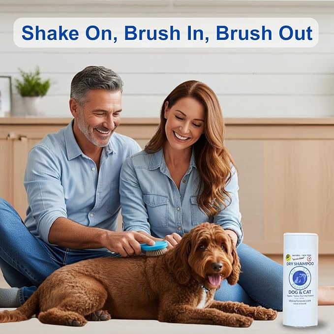Sit. Stay. Forever. Dry Shampoo for Dogs & Cats – Organic Dry Bath Powder, Talco para Perros, Hypoallergenic, Odor Control for Smelly Dogs, No-Rinse, Anti-Itch, Safe & Natural, Made in The USA, 7 oz
